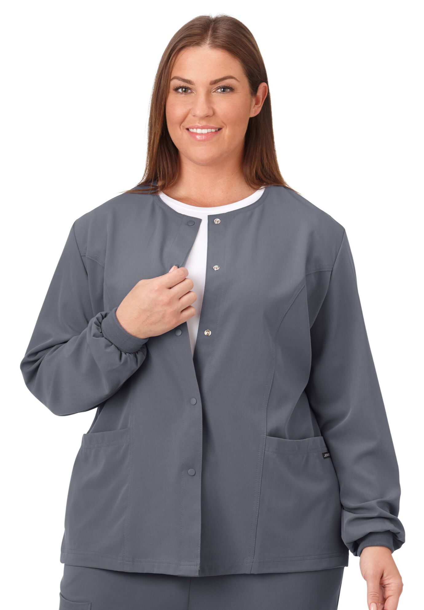 Jockey Scrubs Women&#39;s Snap to it Warm-Up Jacket, PEWTER, hi-res image number 0