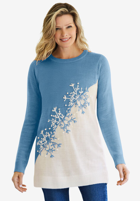 Snowflake Jacquard Pullover Sweater, ATLANTIC BLUE SNOWFLAKE, hi-res image number null