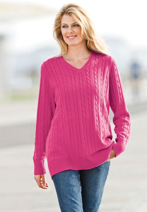 Cable Knit V-Neck Pullover Sweater, , alternate image number null