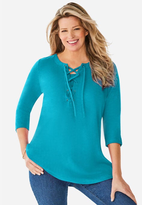 Lace-Up Three-Quarter Sleeve Tee, PRETTY TURQUOISE, hi-res image number null