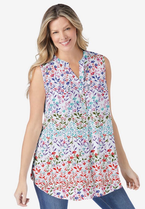 Short-Sleeve Tab-Front Shirt, WHITE GARDEN PRINT, hi-res image number null