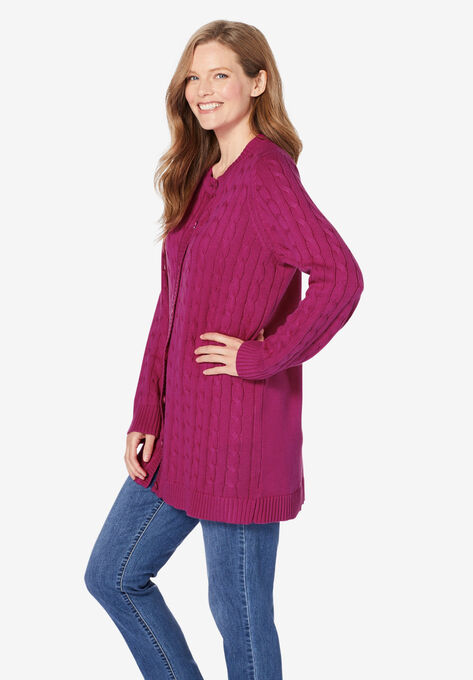 Cotton Cable Knit Cardigan Sweater, , alternate image number null
