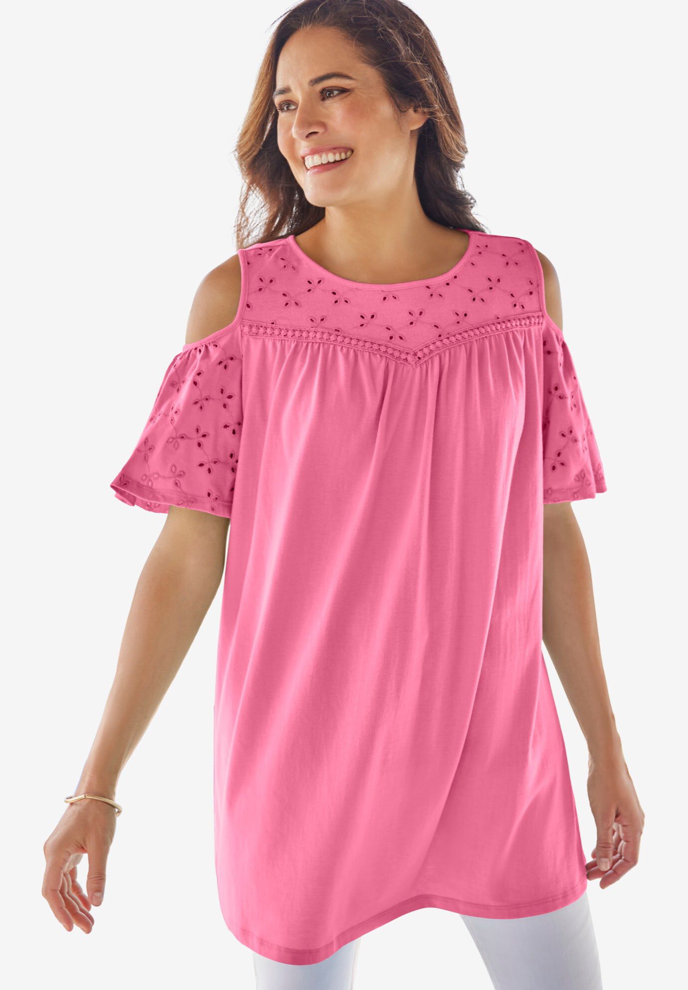 Eyelet Cold-Shoulder Tunic, BRIGHT ROSE, hi-res image number 0