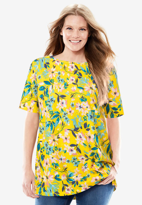 Perfect Printed Short-Sleeve Boat-Neck Tunic, PRIMROSE YELLOW PAINTERLY BLOOM, hi-res image number null