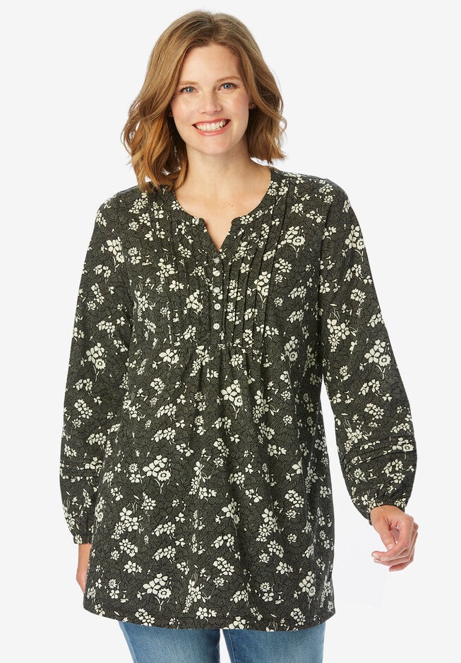 Long-Sleeve Pintuck Bib Tunic, BLACK SKETCHED FLORAL, hi-res image number null