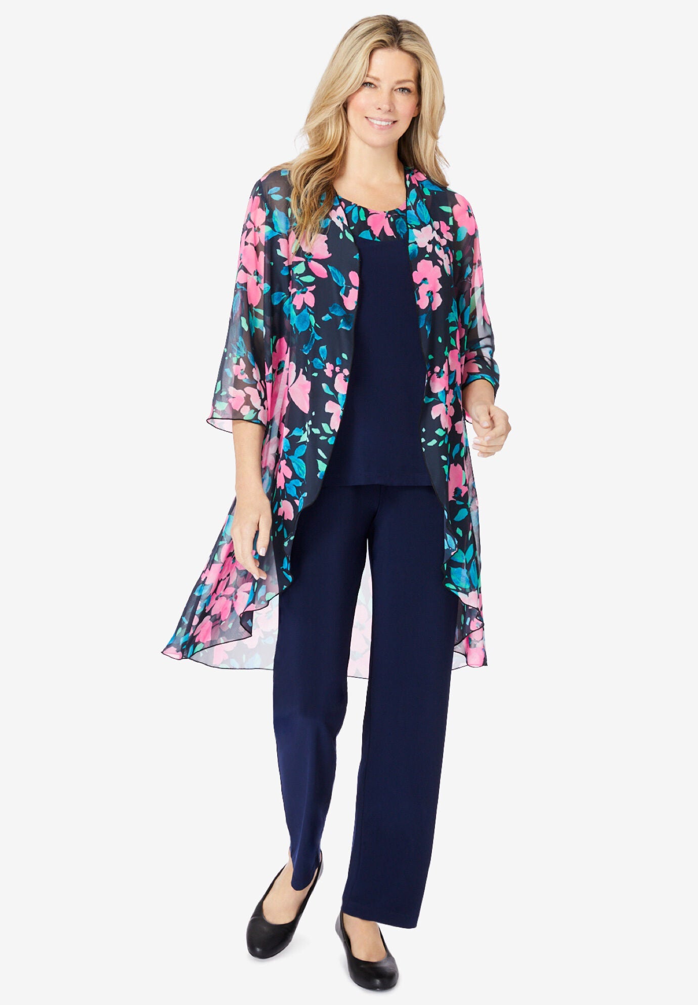Three-Piece Chiffon Jacket/Tank/Pant Set, NAVY FLORAL, hi-res image number 0