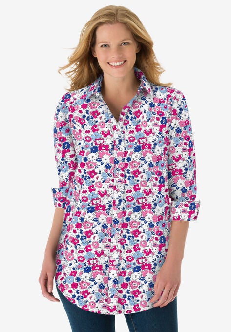 Perfect Long-Sleeve Button Down Shirt, RASPBERRY SORBET DITSY, hi-res image number null