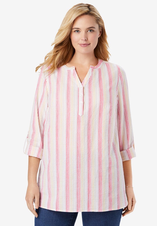 Seersucker Notch Henley Tunic, ROSE PINK RAINBOW STRIPE, hi-res image number null