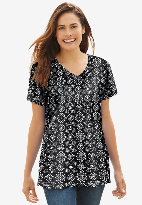 Perfect Printed Short-Sleeve V-Neck Tee, BLACK TONAL GEO, hi-res image number null