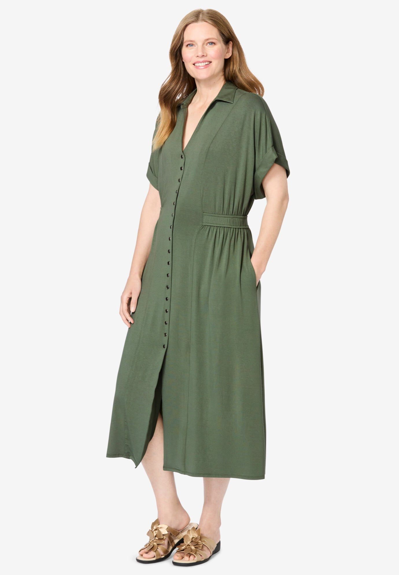 Snap-Front Dress, OLIVE GREEN, hi-res image number 0