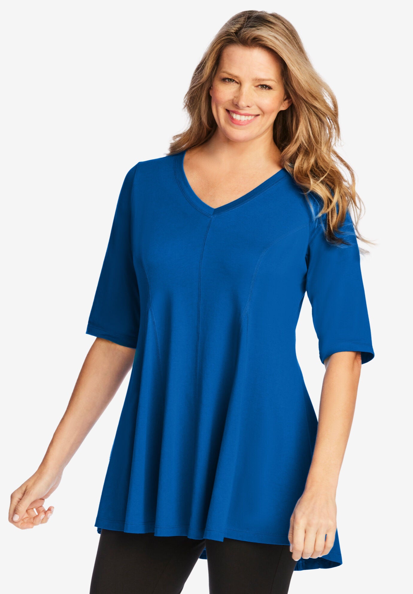 Elbow Sleeve V-Neck Fit and Flare Tunic, BRIGHT COBALT, hi-res image number 0