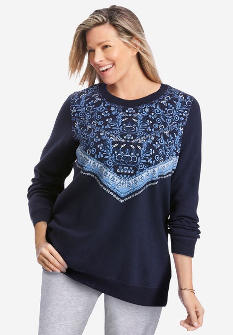 French Terry Sweatshirt, NAVY VINE CHEVRON PLACEMENT, hi-res image number null