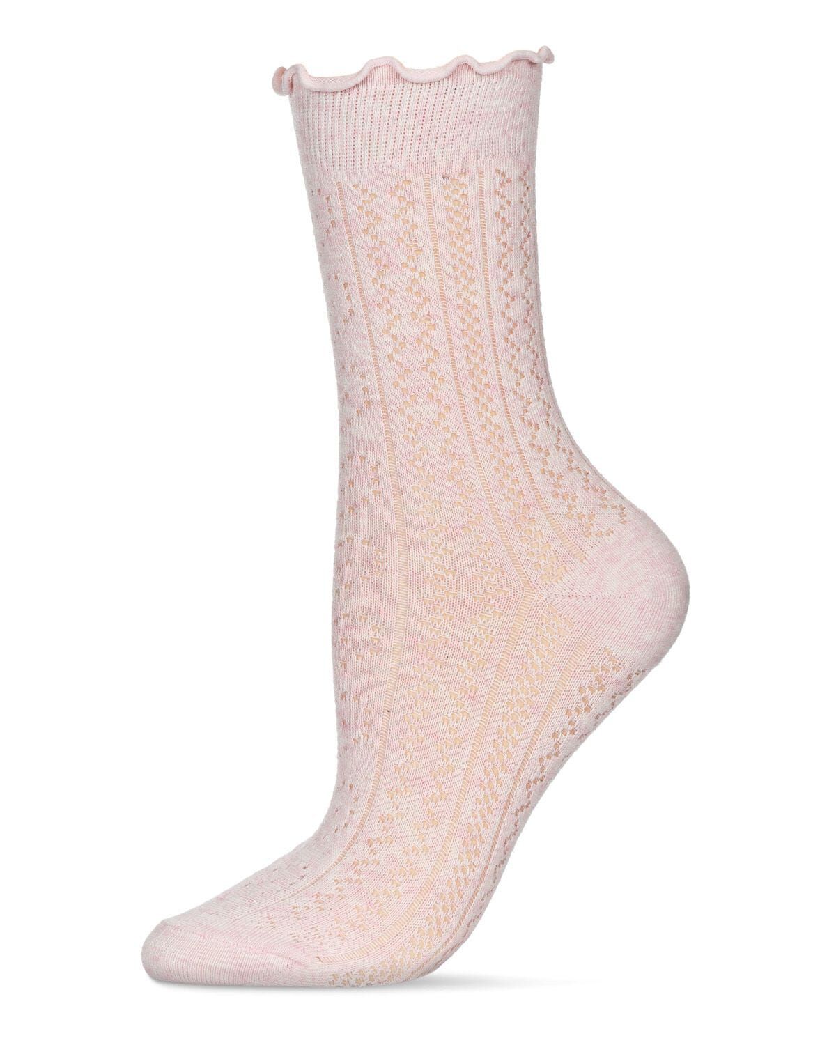 Women's Heart Ruffle Cuff Pointelle Crew Socks, PINK HEATHER, hi-res image number 0