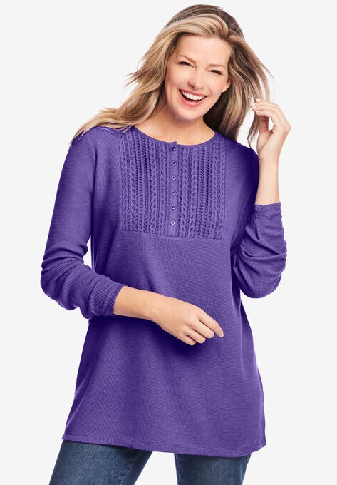 Washed Thermal Lace Bib Henley Tee, PETAL PURPLE, hi-res image number null