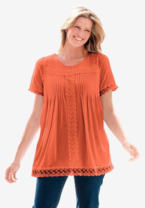 Lace-Trim Pintucked Tunic, PUMPKIN, hi-res image number null