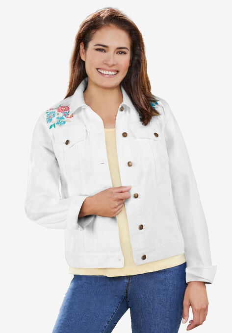 Stretch Denim Jacket, WHITE FLORAL EMBROIDERY, hi-res image number null
