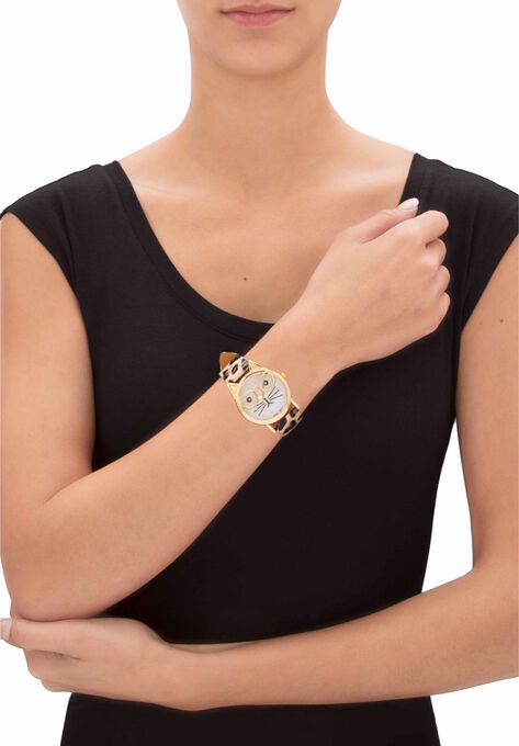Gold Tone Leopard Print Cat Watch, 7.5 inches plus Extender, , alternate image number null