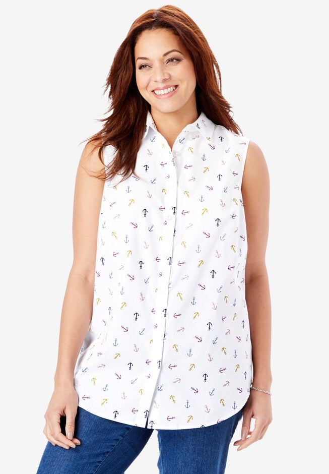 Perfect Button Down Sleeveless Shirt, WHITE MULTI ANCHOR, hi-res image number null