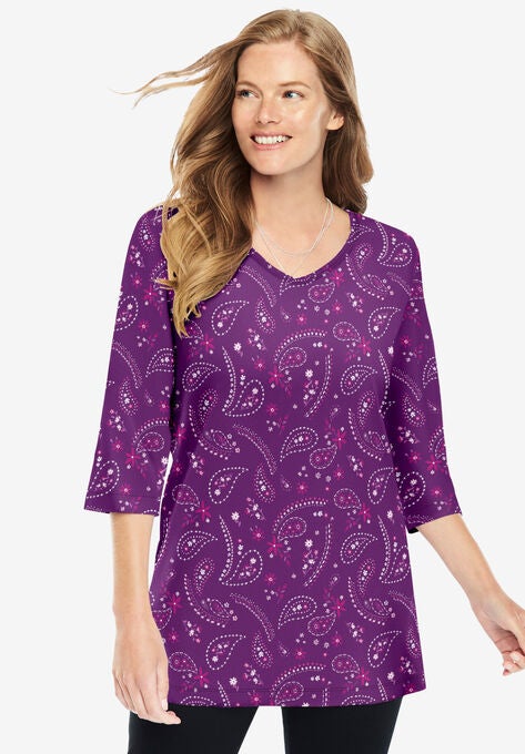 Perfect Printed Three-Quarter-Sleeve V-Neck Tunic, PLUM PURPLE FLORAL PAISLEY, hi-res image number null
