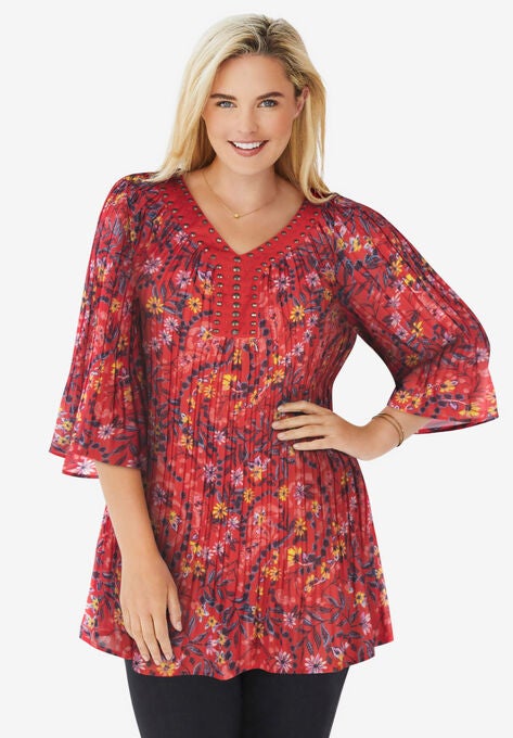 Embellished Pleated Blouse, VIVID RED LEAF PAISLEY, hi-res image number null