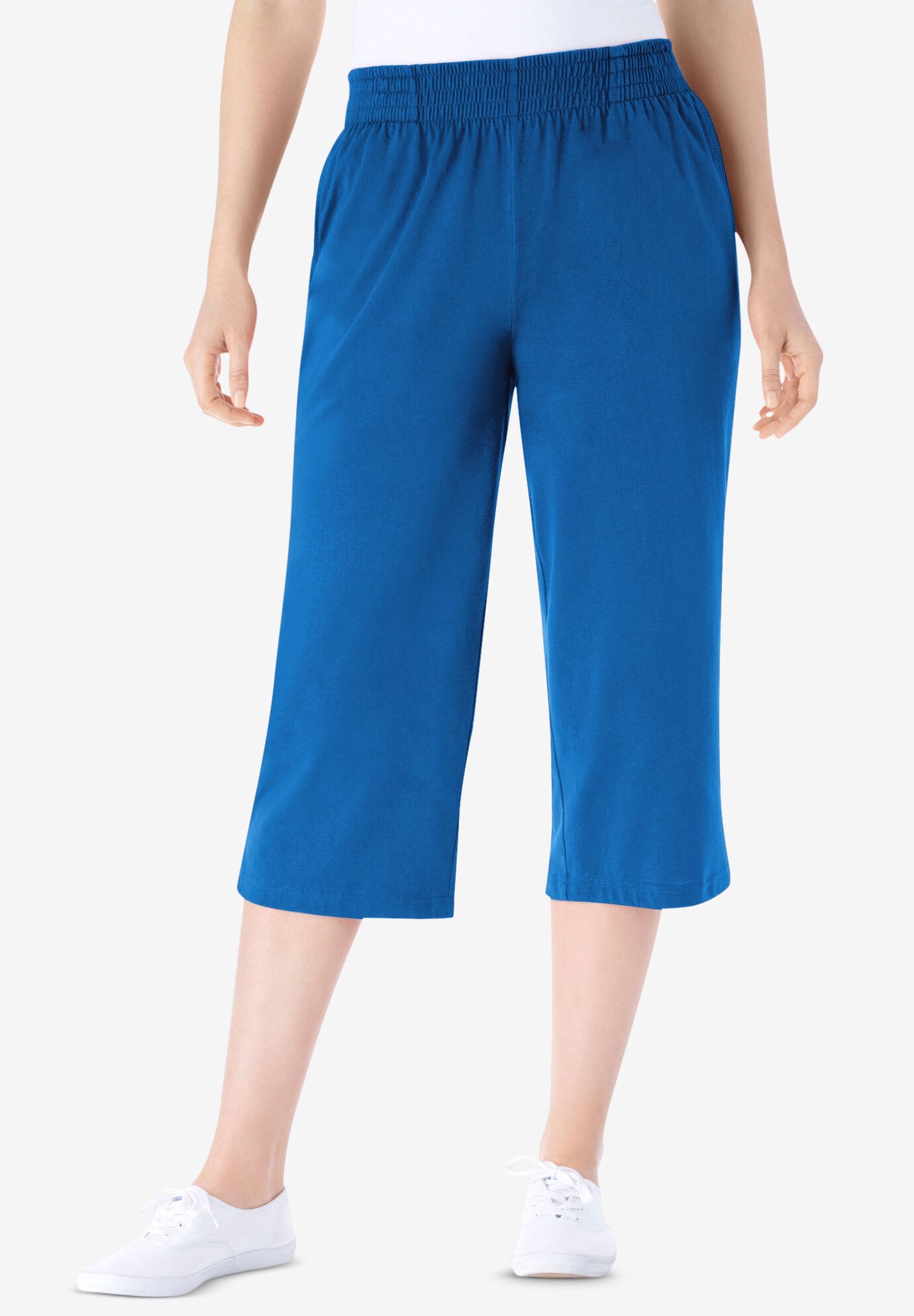 Elastic-Waist Pull-On Knit Pocket Capri Pants