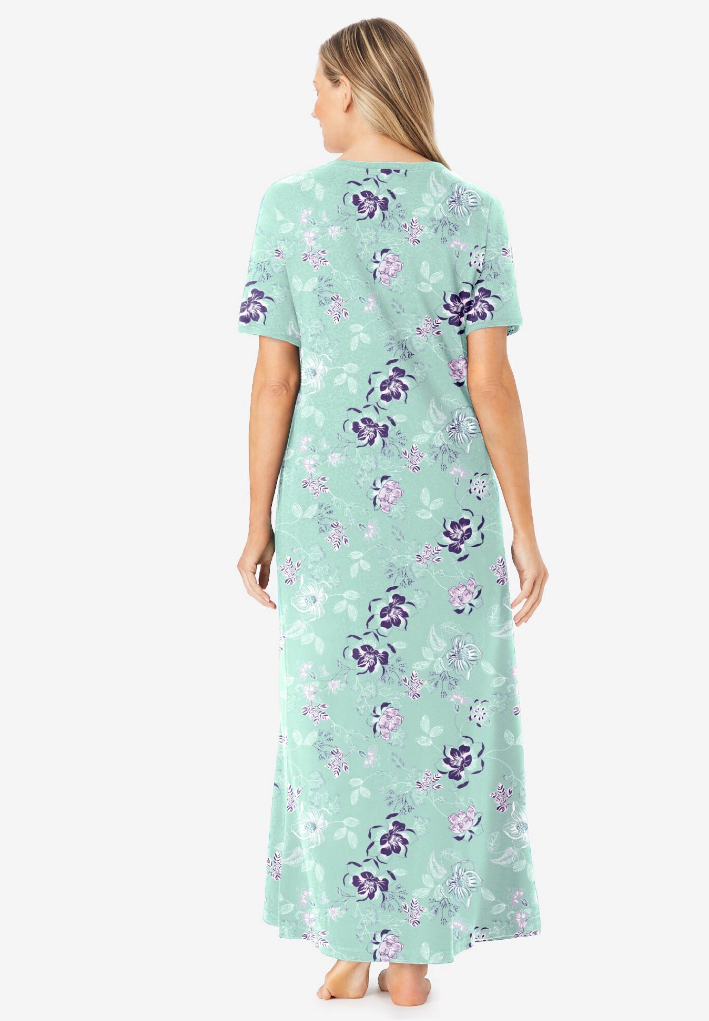 V-Neck Short Sleeve Maxi Lounger, AQUATIC GREEN BOUQUET, on-hover image number 1