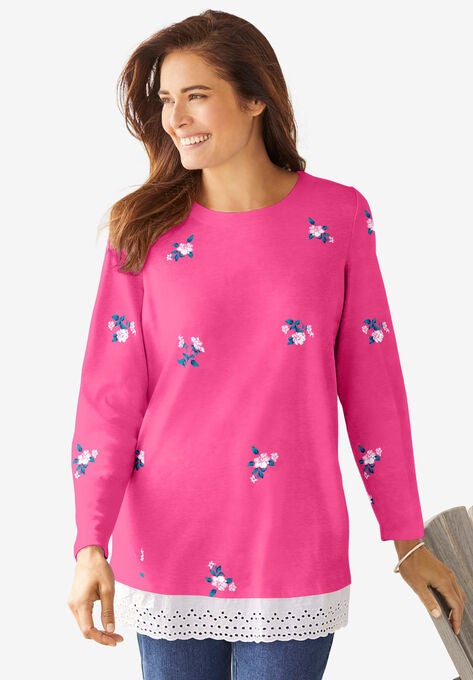 Eyelet Trim Long-Sleeve Tunic, RASPBERRY SORBET TOSSED BOTANICAL, hi-res image number null