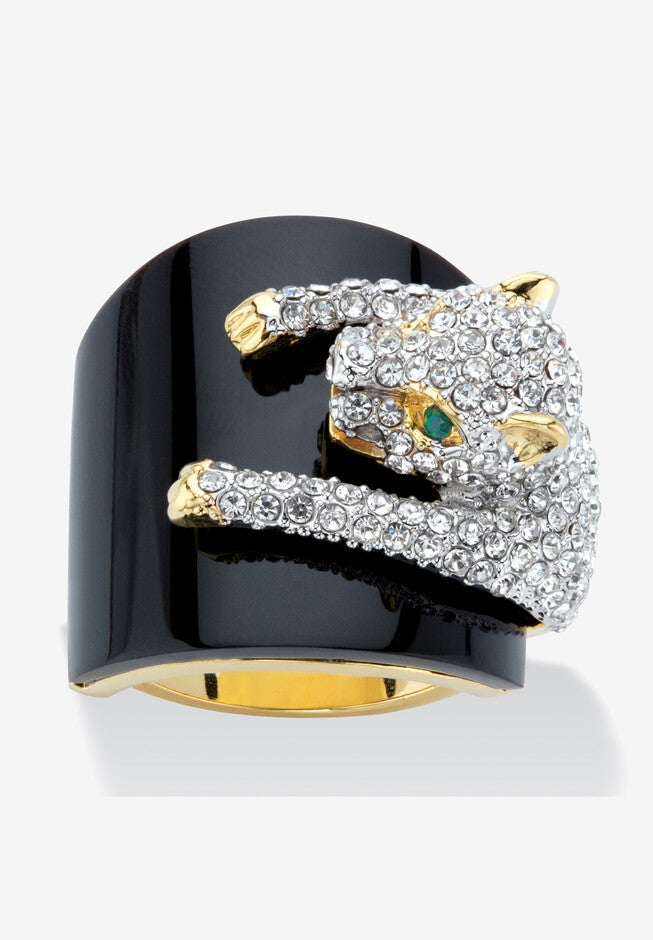 Yellow Gold-Plated Natural Black Onyx and Crystal Leopard Ring, ONYX CRYSTAL, hi-res image number 0