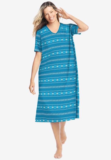 Long Print Sleepshirt , DEEP TEAL FAIR ISLE, hi-res image number null
