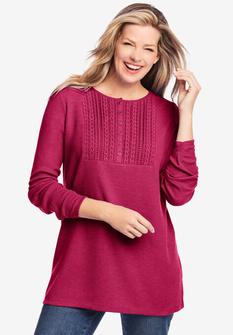 Washed Thermal Lace Bib Henley Tee, BRIGHT CHERRY, hi-res image number null