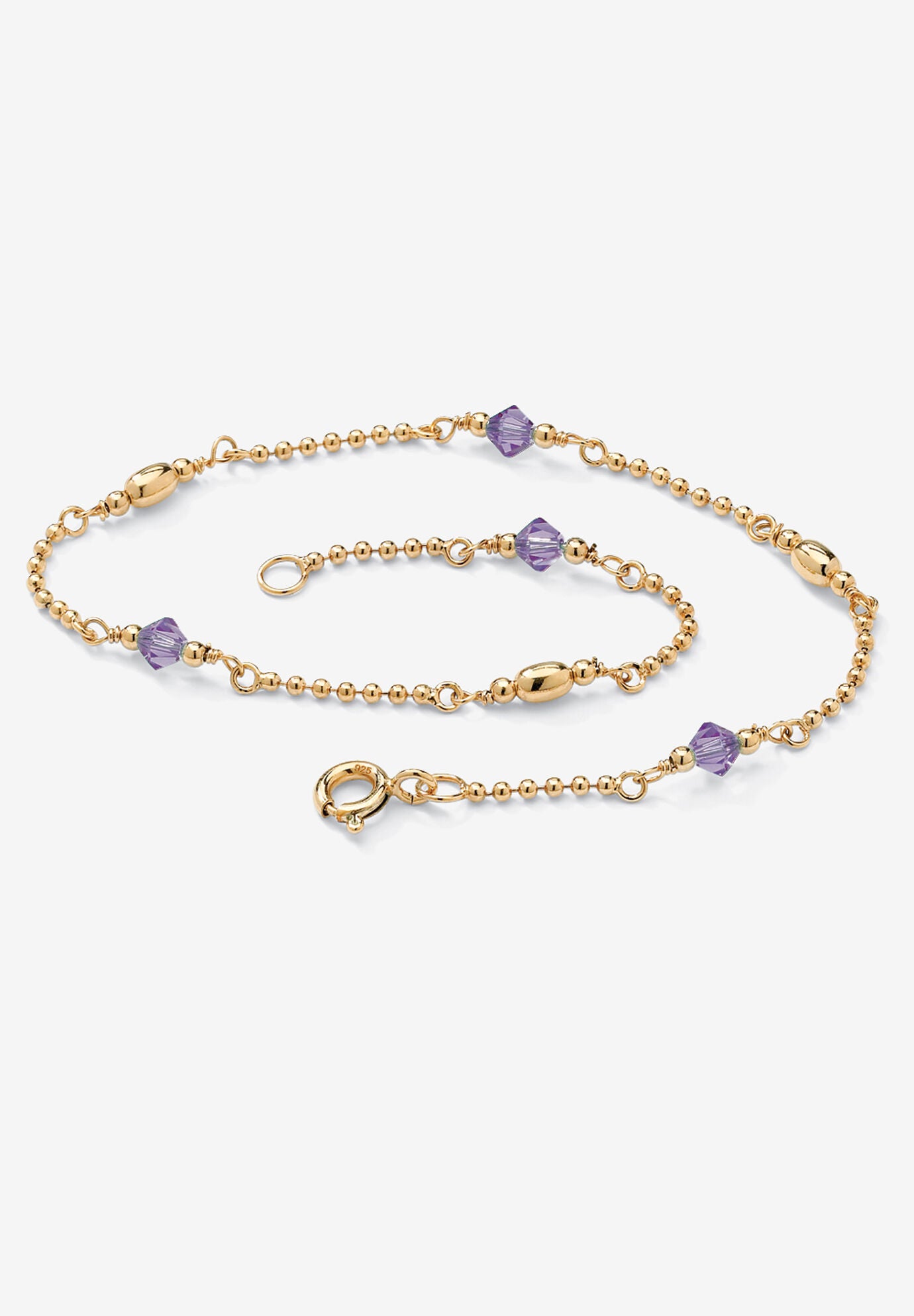 Gold Over Sterling Silver Simulated Birthstone Ankle Bracelet 11 Inches, FEBRUARY, hi-res image number 0