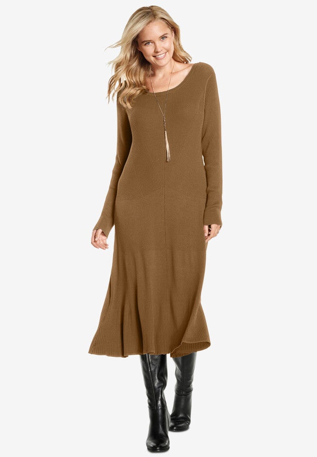 Rib Knit Sweater Dress, TOFFEE, hi-res image number 0