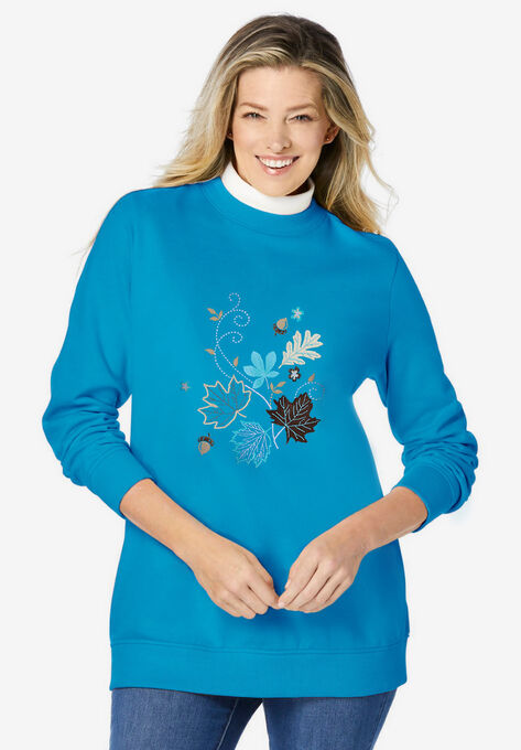 Layered-Look Sweatshirt, TURQ BLUE LEAF PLACEMENT, hi-res image number null