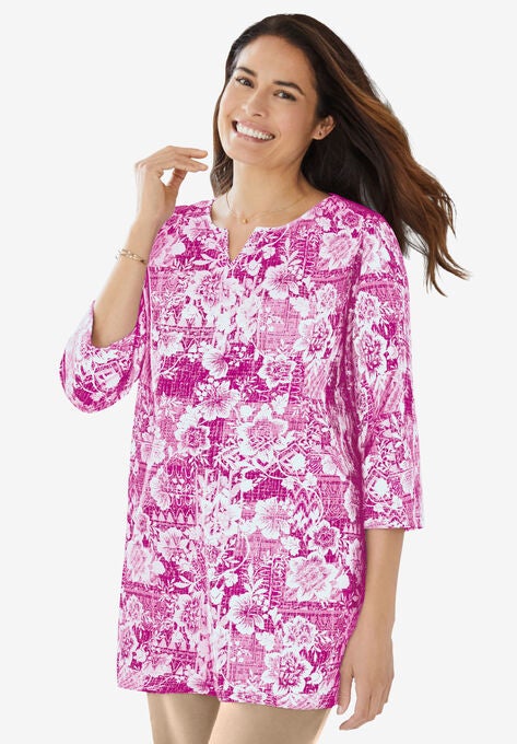 Three-Quarter Sleeve Notch-Neck Tunic, RASPBERRY FLORAL PATCHWORK, hi-res image number null