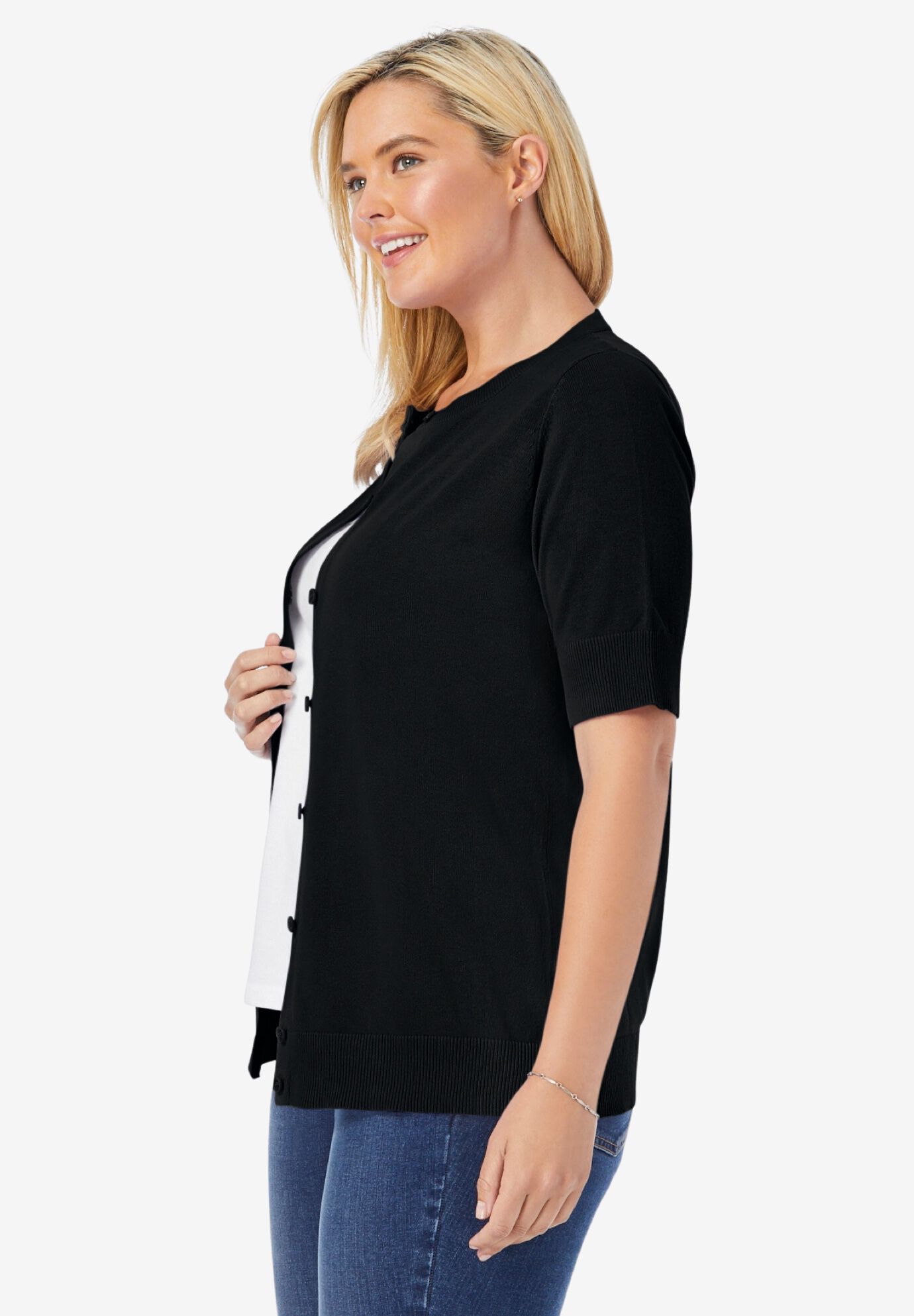Perfect Elbow-Length Sleeve Cardigan Sweater, BLACK, alternate image number 3