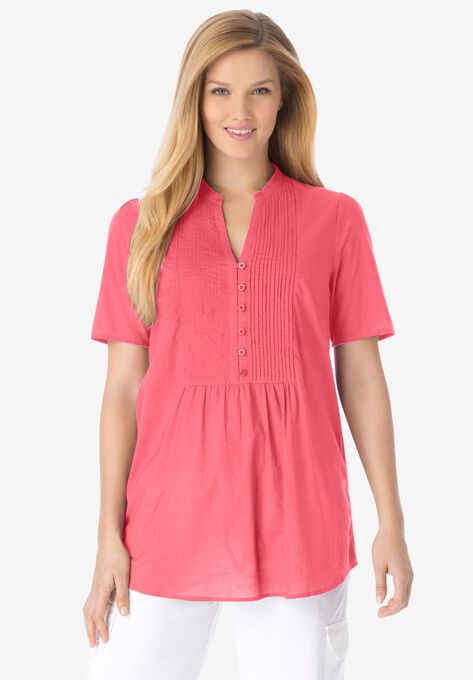 Pintucked Half-Button Tunic, ROSE PINK, hi-res image number null