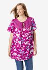 Mix Print Flutter Sleeve Top, RICH MAGENTA PRETTY BLOOM, hi-res image number null