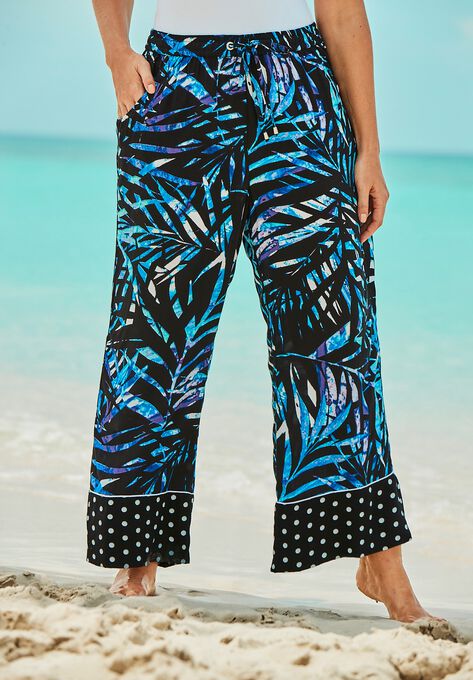 Wide-Leg Pant Swim Cover-Up Pant , BLUE PAINTERLY LEAVES, hi-res image number null