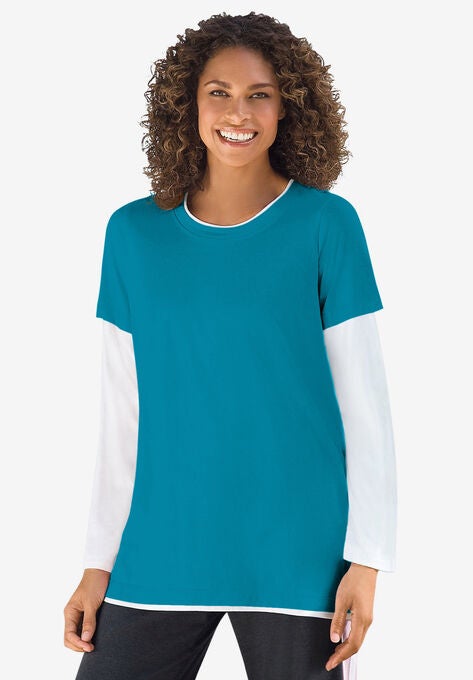 Layered-Look Crewneck Tee, TURQ BLUE, hi-res image number null