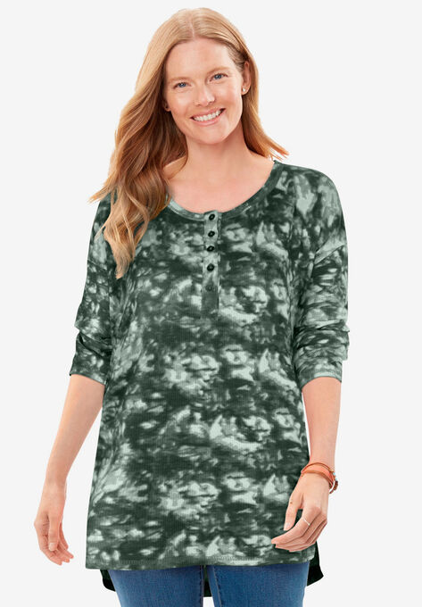 Washed Thermal High-Low Henley Tunic, PINE PRETTY TIE DYE, hi-res image number null