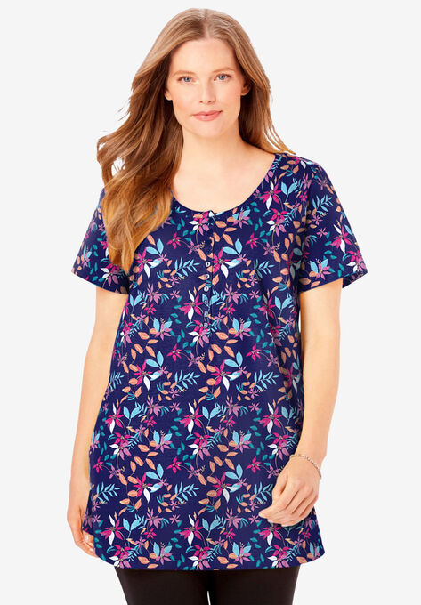 Perfect Short-Sleeve Scoop-Neck Henley Tunic, NAVY MULTI FLORAL, hi-res image number null