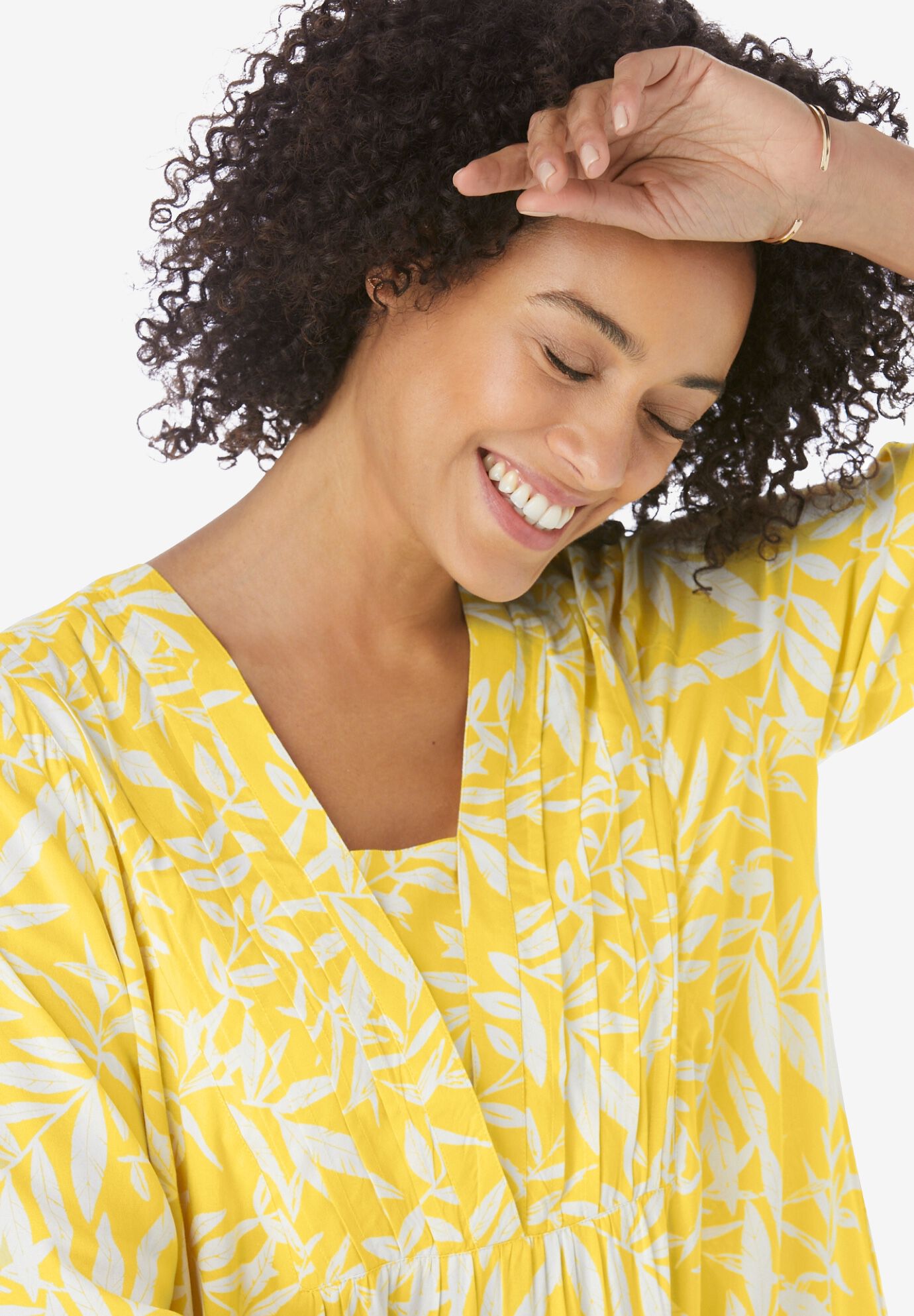 Bell-Sleeve V-Neck Tunic, PRIMROSE YELLOW LEAF, alternate image number 3