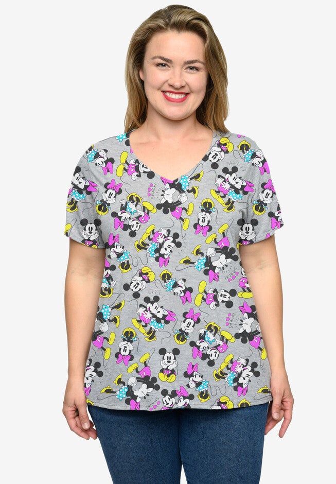 Minnie Mickey Mouse Love V-Neck T-Shirt All-Over Print Gray, GREY, hi-res image number null