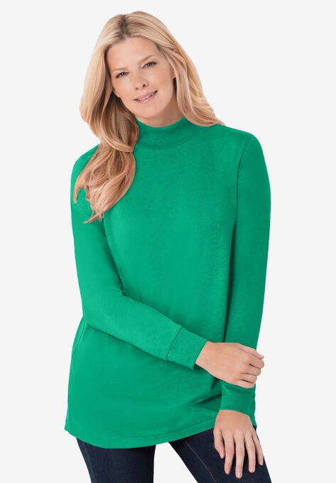 Perfect Long-Sleeve Mock-Neck Tee, TROPICAL EMERALD, hi-res image number null