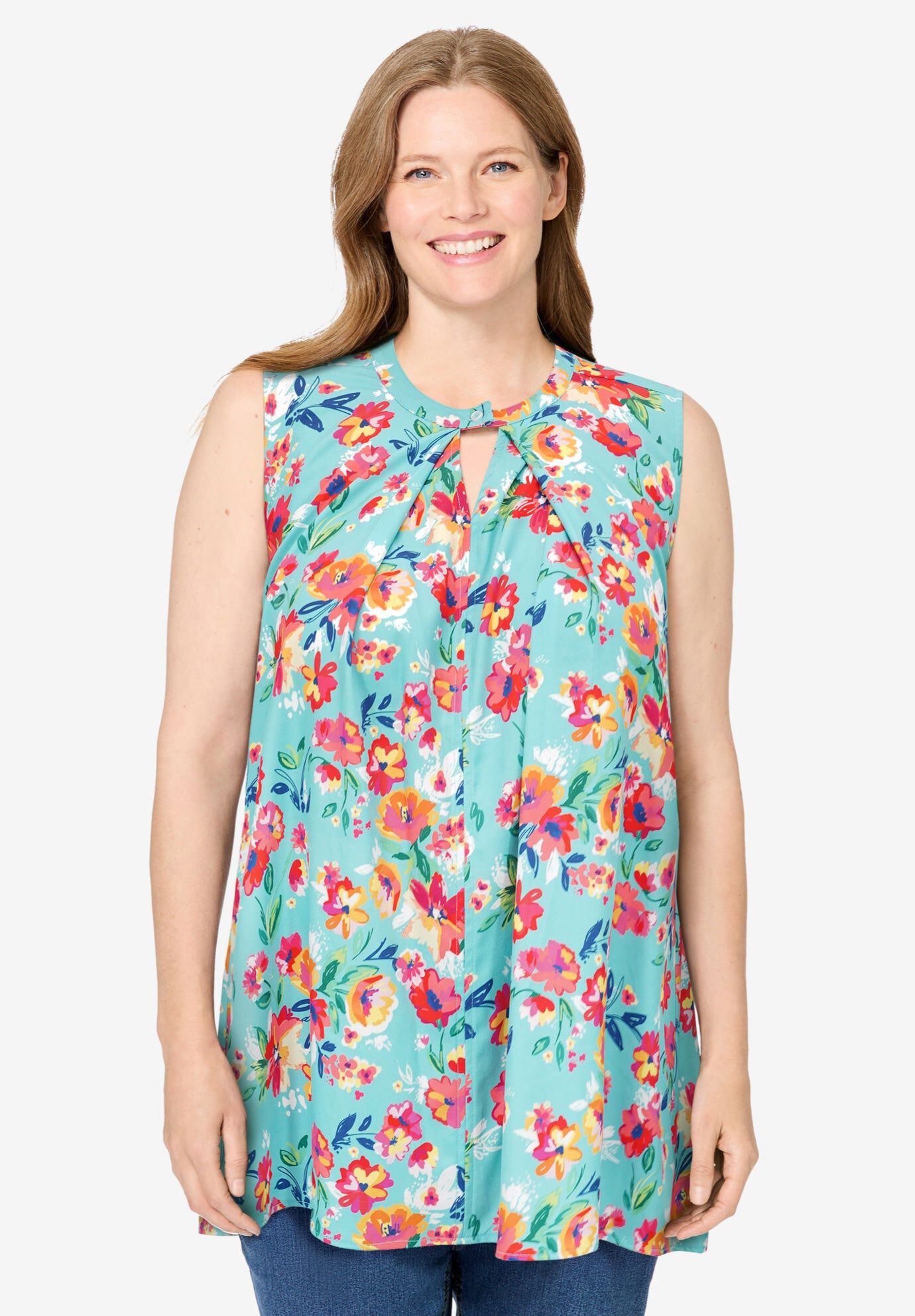 Pleated Tank, ISLAND AQUA MULTI FLORAL, hi-res image number 0