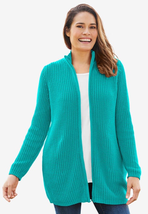 Zip Front Shaker Cardigan, AQUAMARINE, hi-res image number null