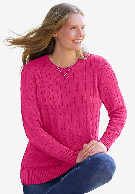 Cable Knit Pullover Crewneck Sweater, RASPBERRY SORBET, hi-res image number null