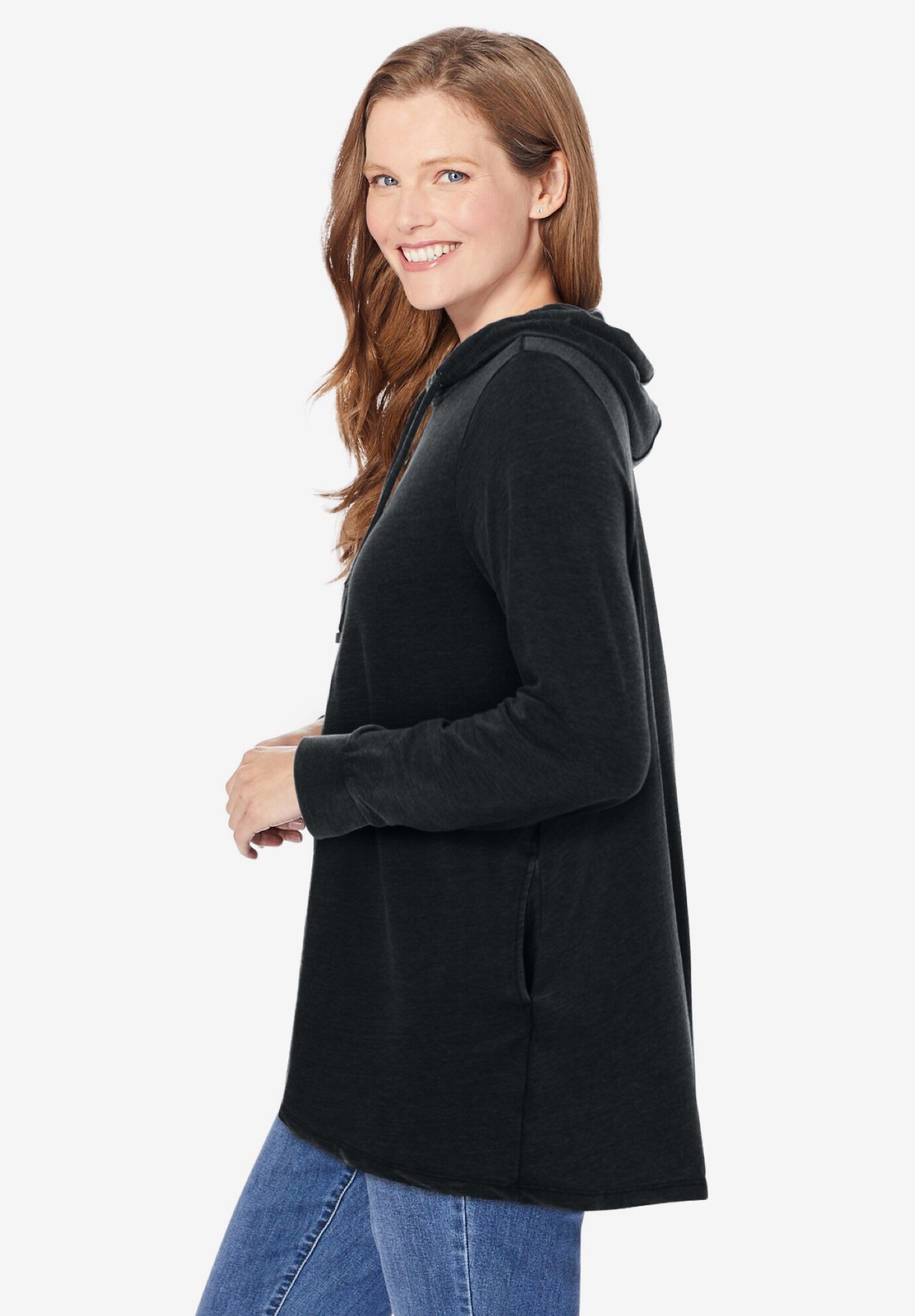 Pleat-Back Swing Hoodie Sweatshirt, BLACK, alternate image number 2