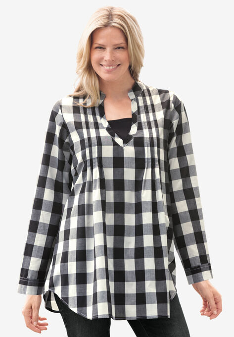Layered Look Pintucked Tunic, IVORY SMALL BUFFALO PLAID, hi-res image number null