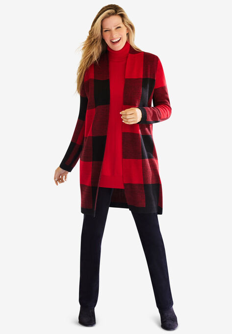 Jacquard Open Front Duster Sweater, CLASSIC RED BUFFALO PLAID, hi-res image number null